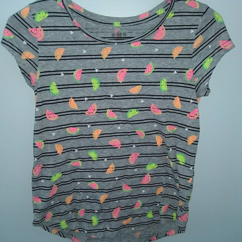 Gray T-shirt with Black Stripes and Fruit Slices